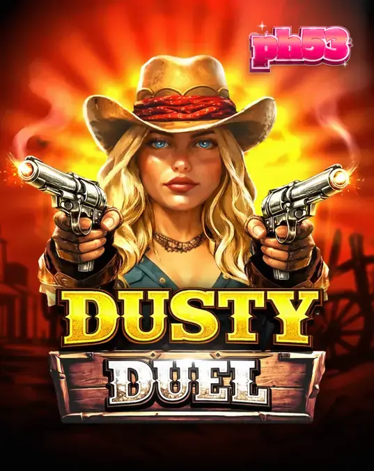 Isang mobile phone na nagpapakita ng Dusty Duel slot game sa isang rustic na Western setting.